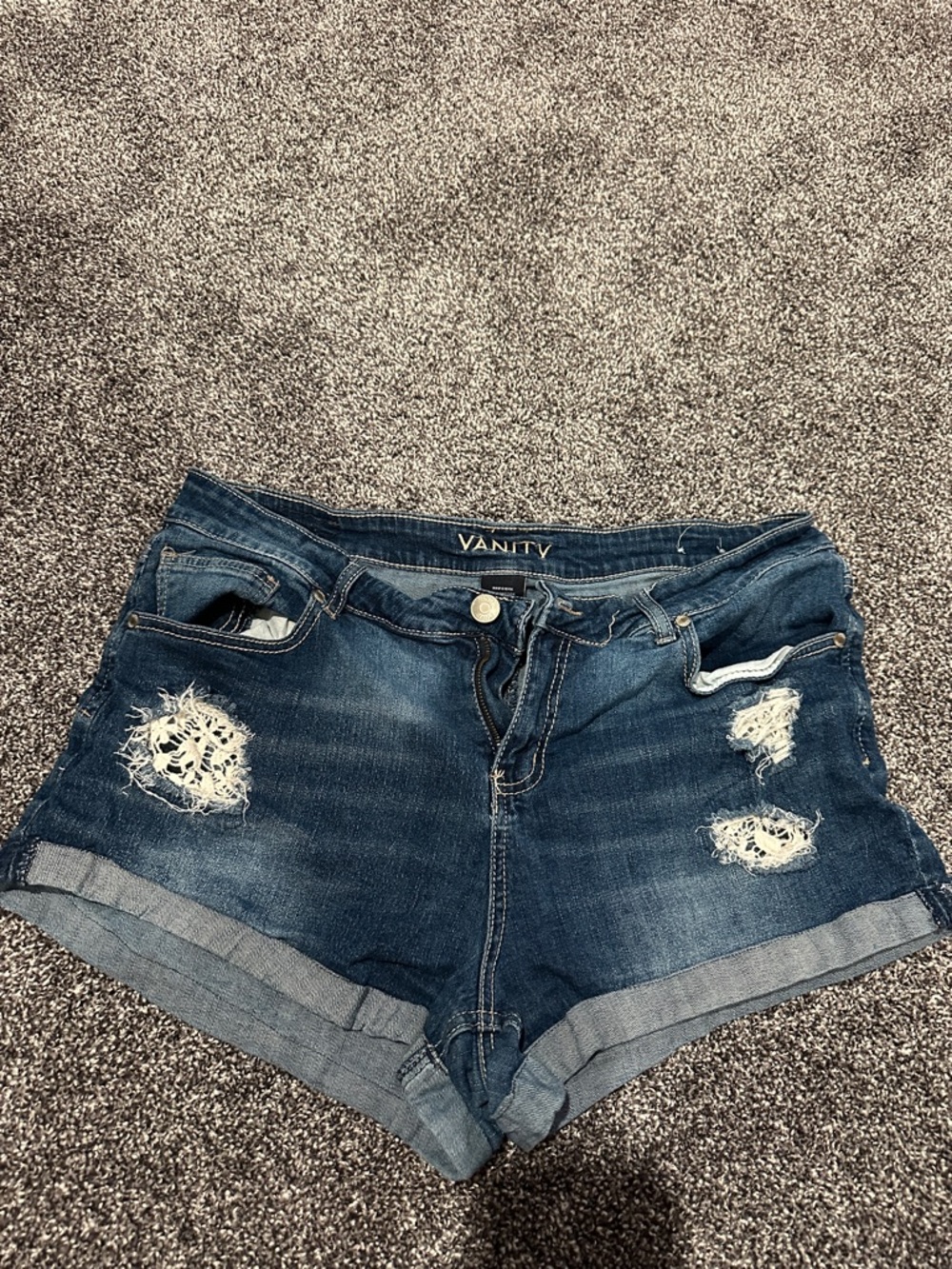Vanity Dark Blue Distressed Roll-Cuff Jean Shorts